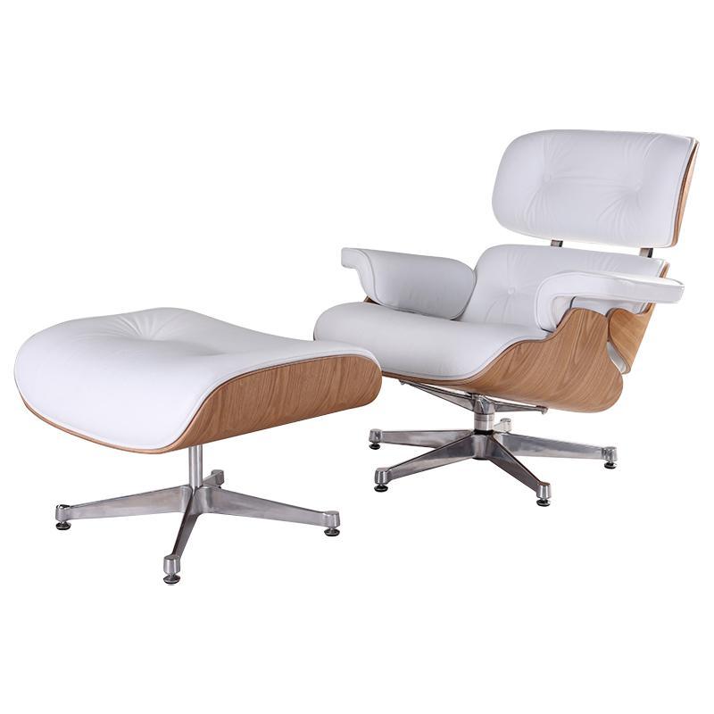 Classic Charles Eames Lounge Chair And Ottoman Replica White Leather & Ash Wood - DECOMICA